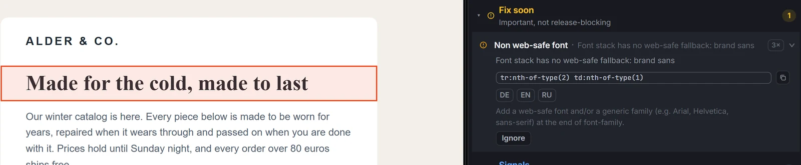 EmailStitch Review showing a Non web-safe font finding for the stack brand sans, with the headline highlighted in the preview and the suggestion to add Arial, Helvetica, sans-serif