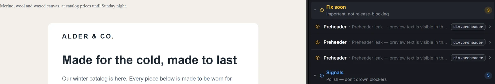 EmailStitch Review with the preheader sentence visible as the first line of the email preview and three Preheader findings: preview text is visible in the email body, hide styles missing