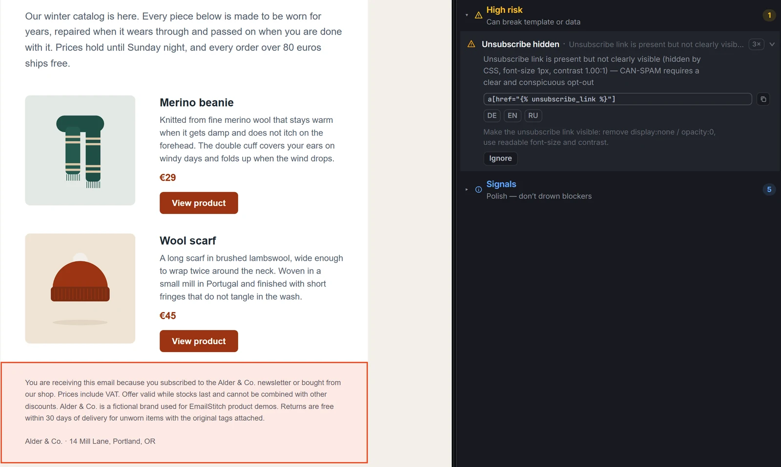 EmailStitch Review High risk finding: Unsubscribe hidden, link present but not clearly visible, font-size 1px, contrast 1.00:1, with the email footer highlighted in the preview