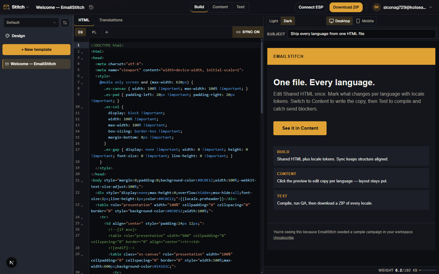 EmailStitch Build mode — shared HTML with locale tokens, live compiled preview