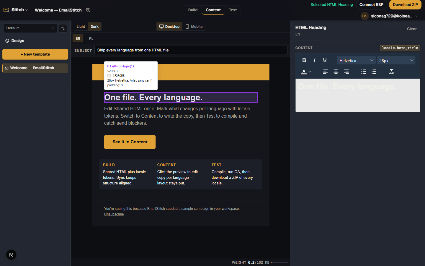 EmailStitch Content mode — clicking an element in the live preview opens an inline editor, layout stays locked