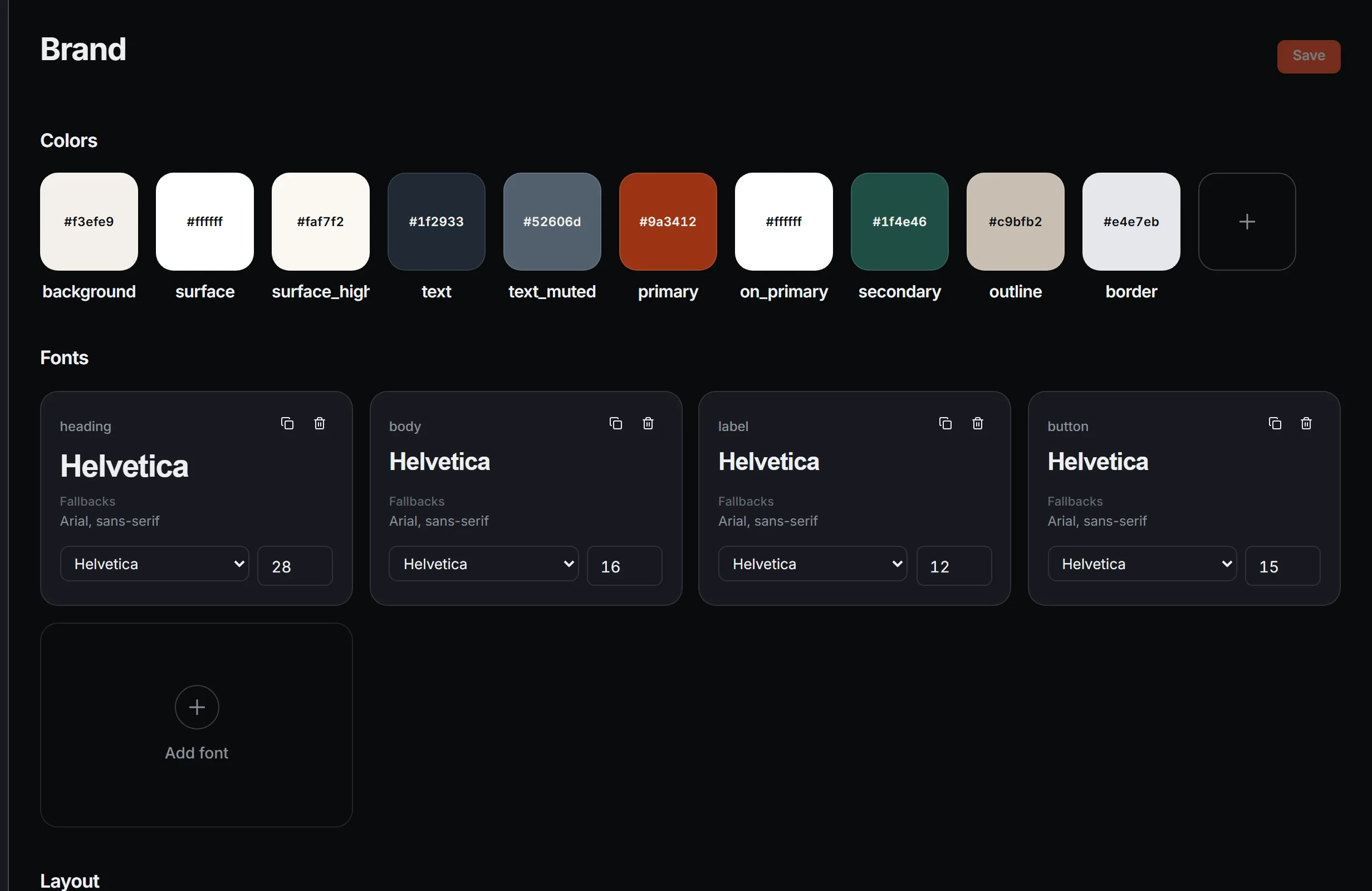 Brand page with the workspace color palette and font tokens for heading, body, label and button.