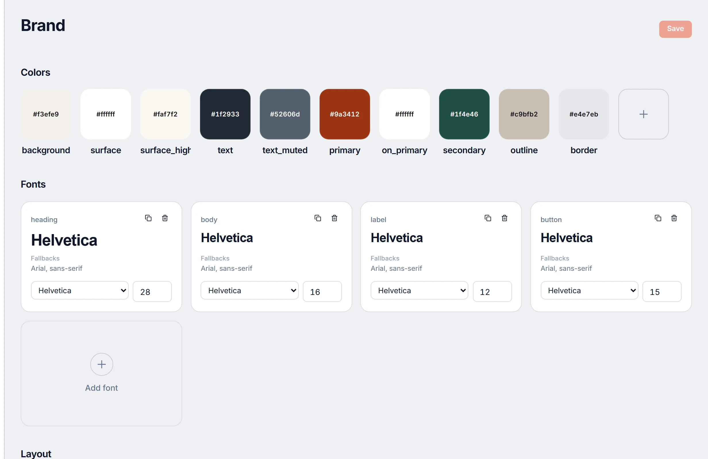 Brand page with the workspace color palette and font tokens for heading, body, label and button.