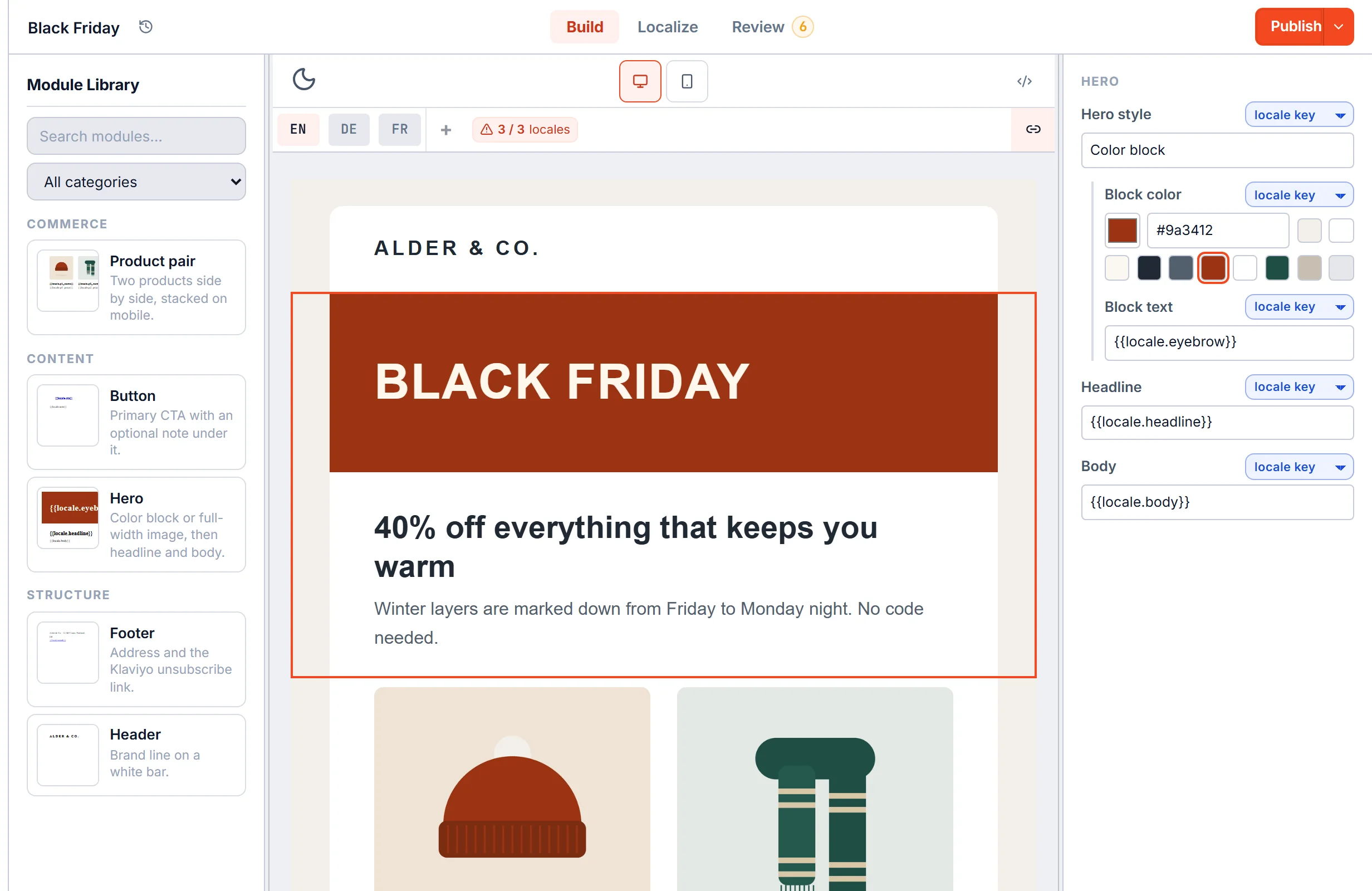 EmailStitch Build step: module library on the left, the email on the canvas, and the Hero module fields on the right