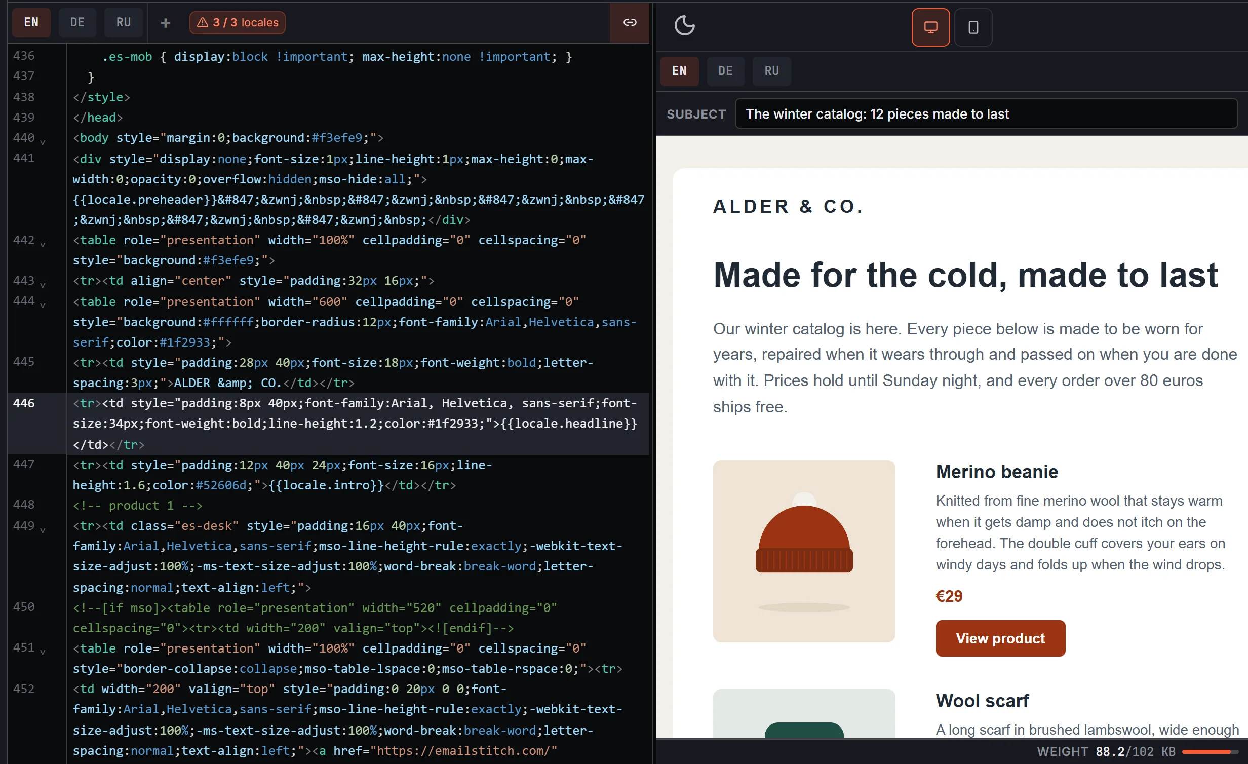 EmailStitch HTML editor beside a live preview, with the clicked headline highlighted in the source.