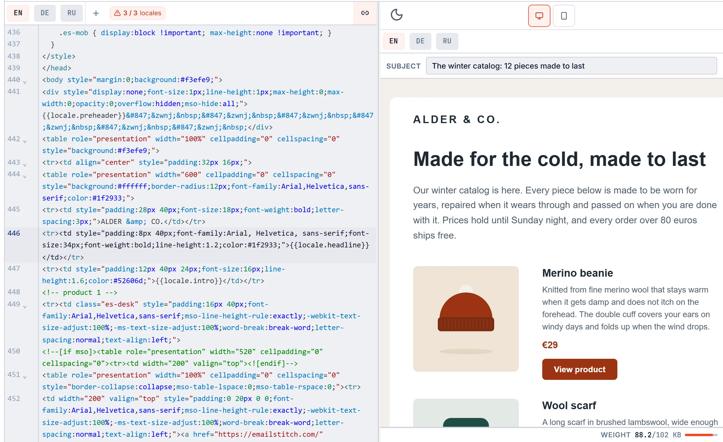 EmailStitch HTML editor beside a live preview, with the clicked headline highlighted in the source.