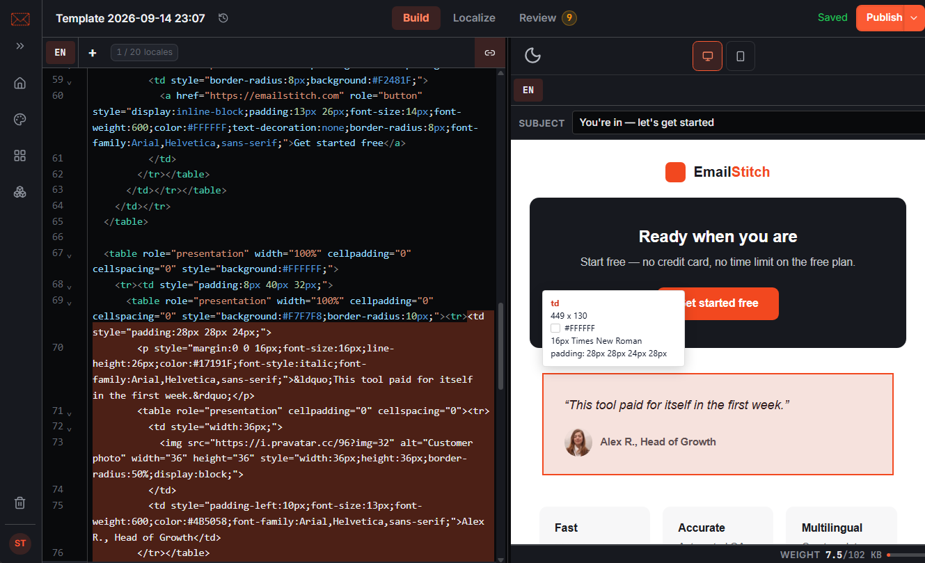EmailStitch HTML editor beside a live preview, with a selected table cell highlighted in the email.