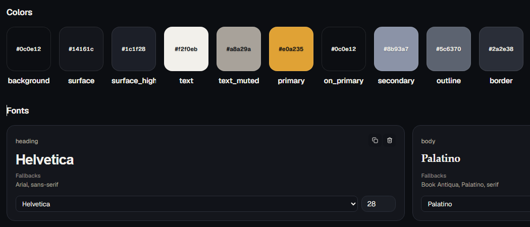 Workspace Design tokens: color swatches with hex values, heading font Helvetica 28, body font Palatino