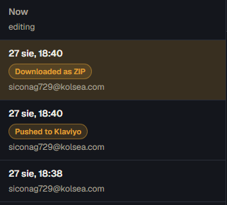 Version history: Now editing, then ZIP download and Klaviyo push entries with timestamps