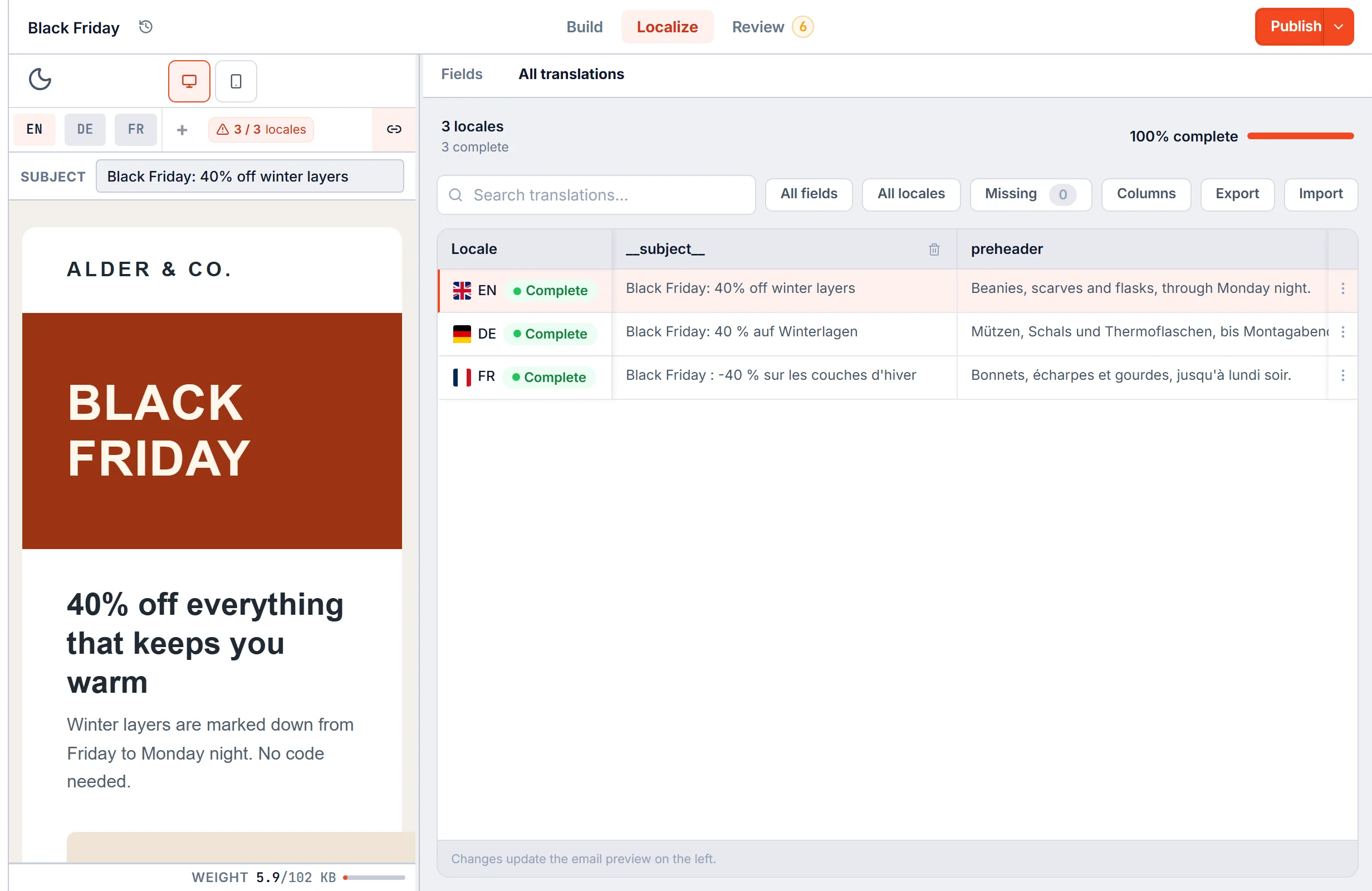 EmailStitch Localize step: translation grid with English, German and French rows, each marked complete, next to the email preview
