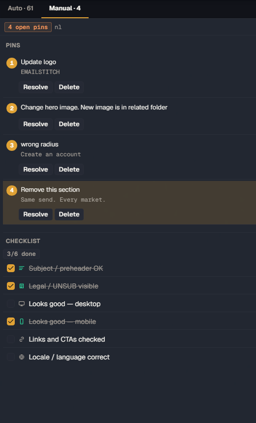 Manual QA panel: numbered pins with resolve and delete, plus a 6-point checklist
