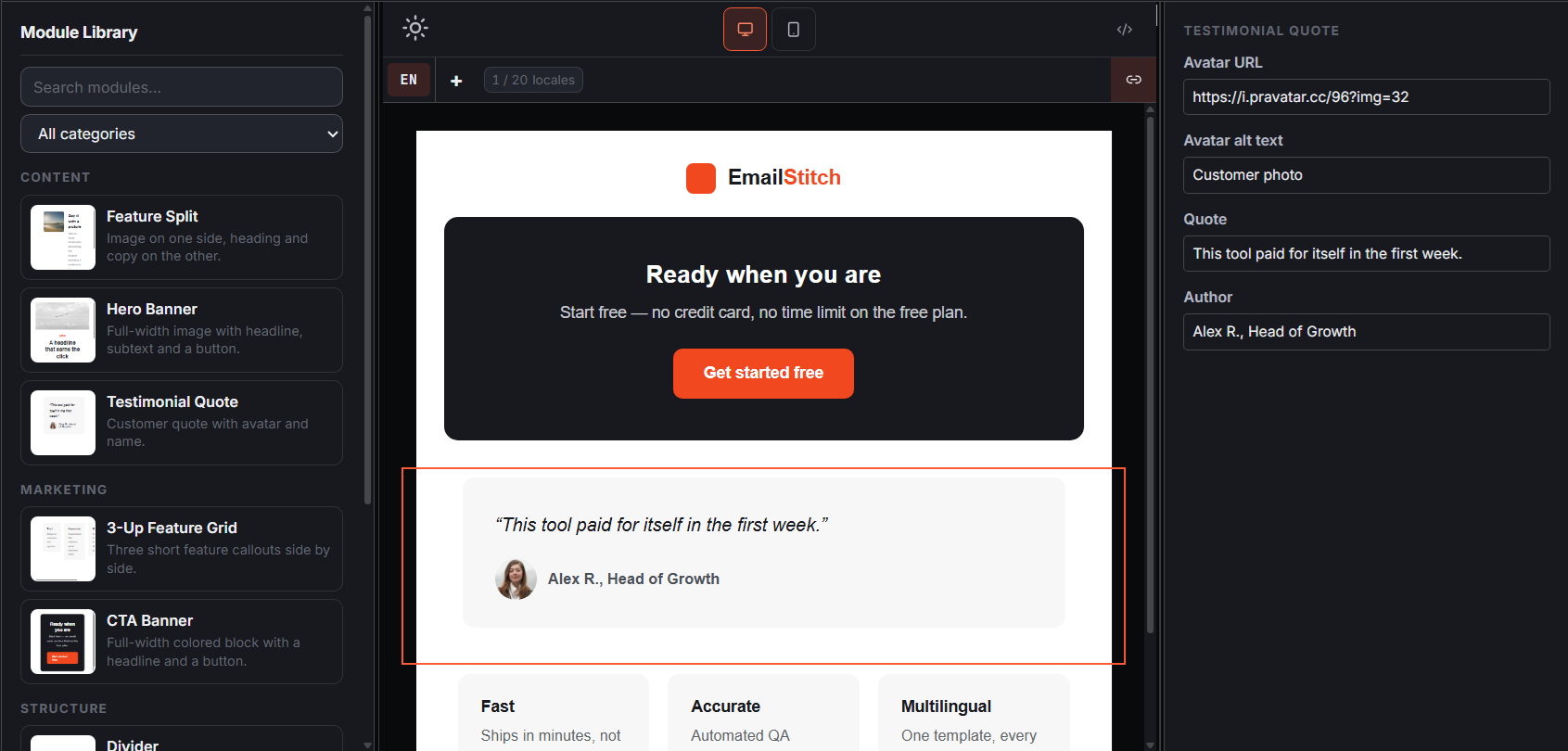 EmailStitch canvas with a module library, live email preview, and field editor for a testimonial block.