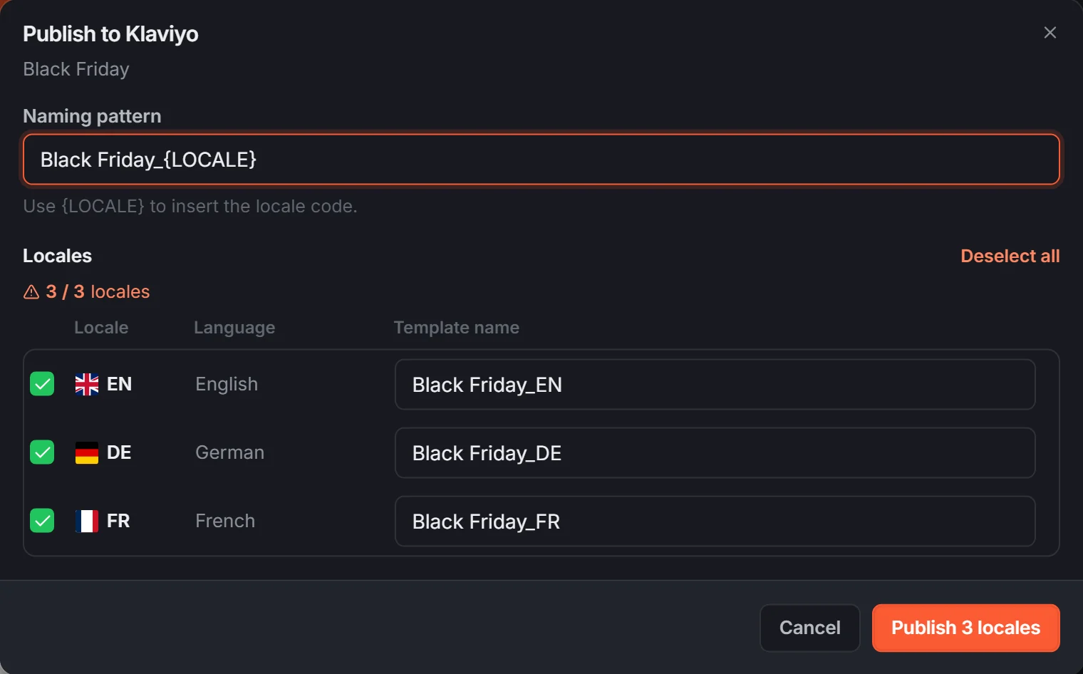 EmailStitch Publish to Klaviyo dialog with a naming pattern and English, German and French selected