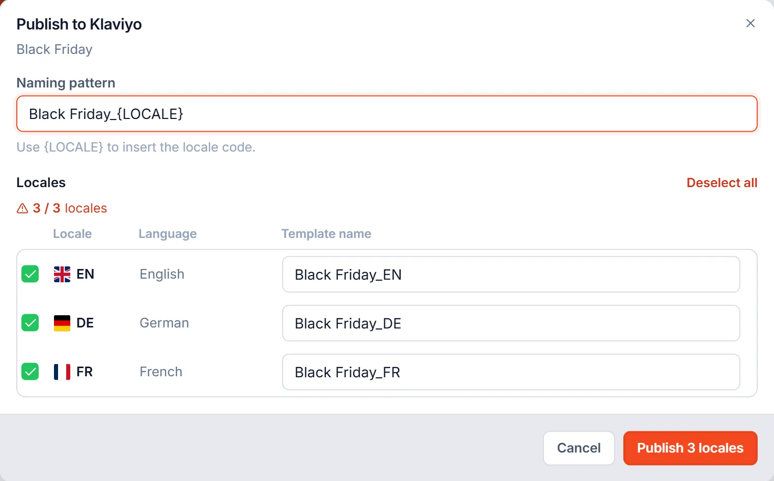 EmailStitch Publish to Klaviyo dialog with a naming pattern and English, German and French selected