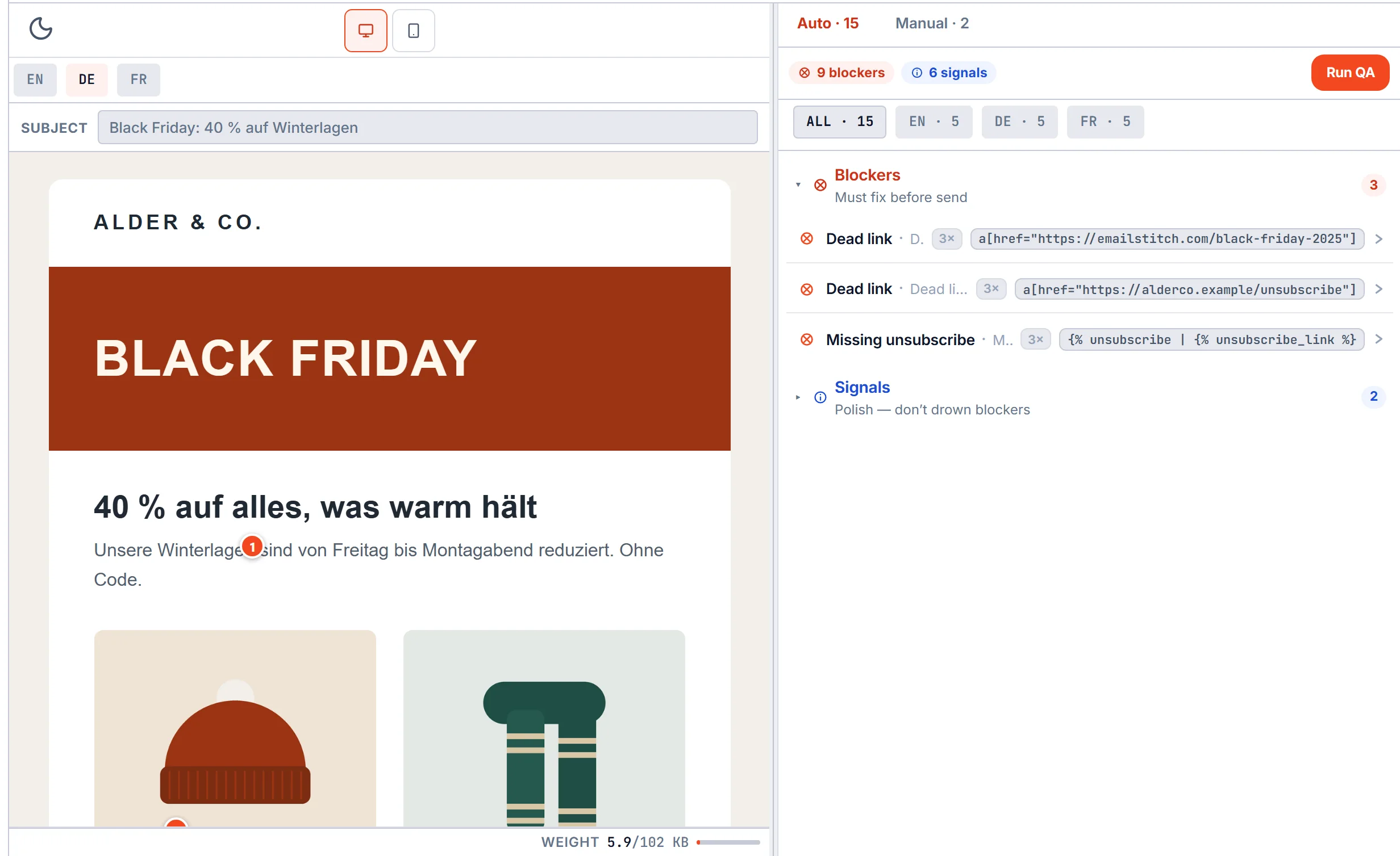 EmailStitch Review step on the German version: two dead links and a missing Klaviyo unsubscribe tag listed as blockers, with counts per language