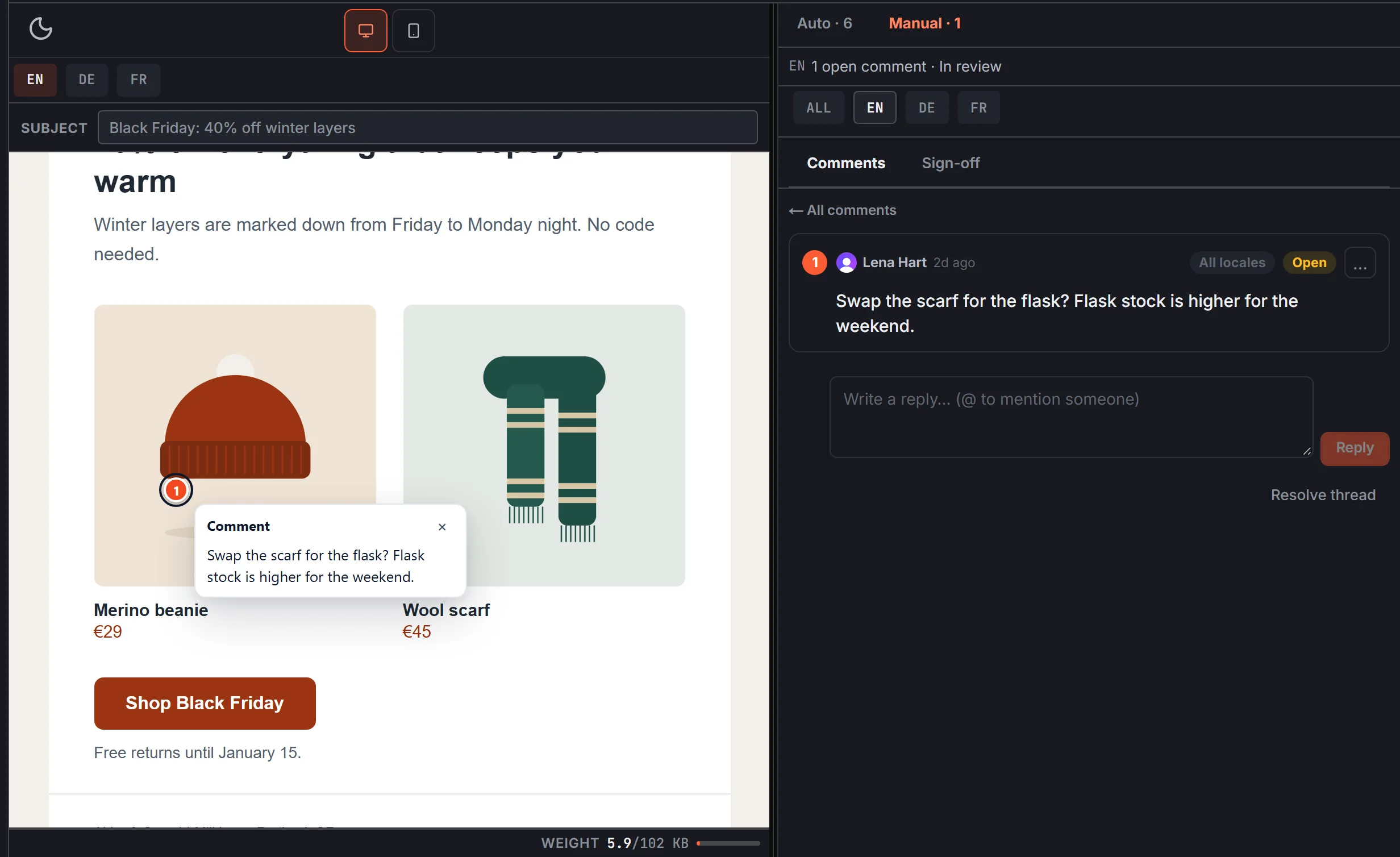 A comment pinned on the product block of the email preview, with its thread open in the review panel.