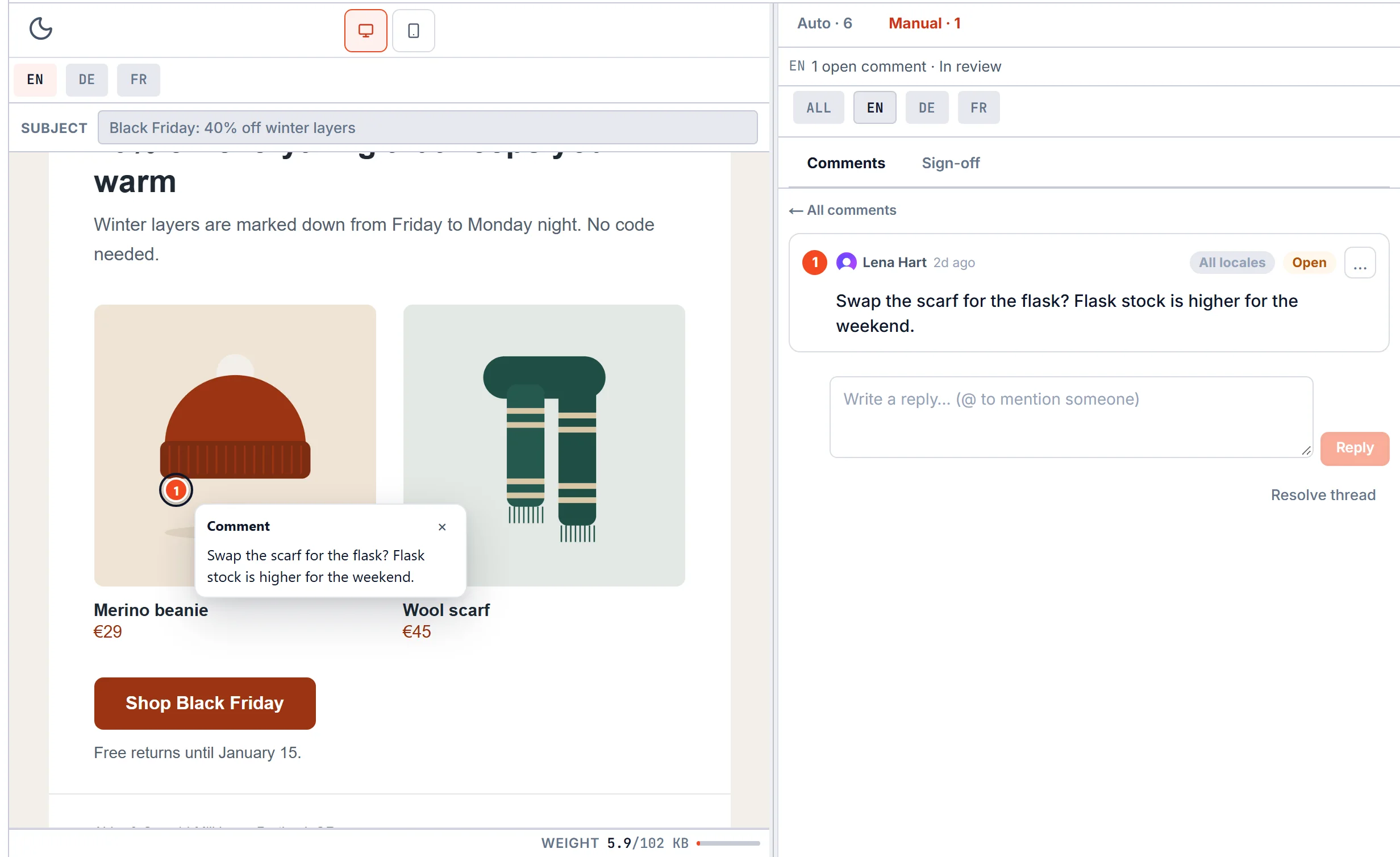 A comment pinned on the product block of the email preview, with its thread open in the review panel.