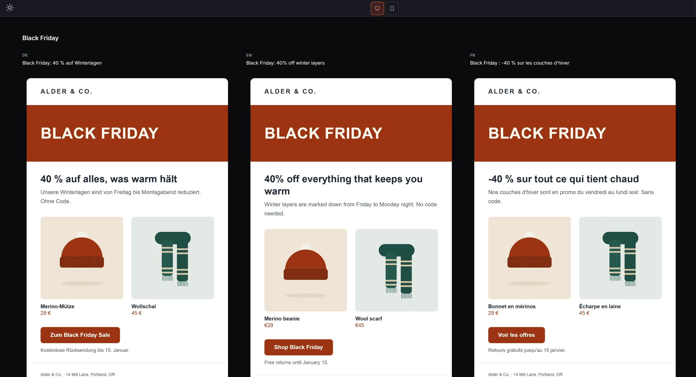 Shared preview page showing the Black Friday email in German, English and French next to each other, each with its subject line.