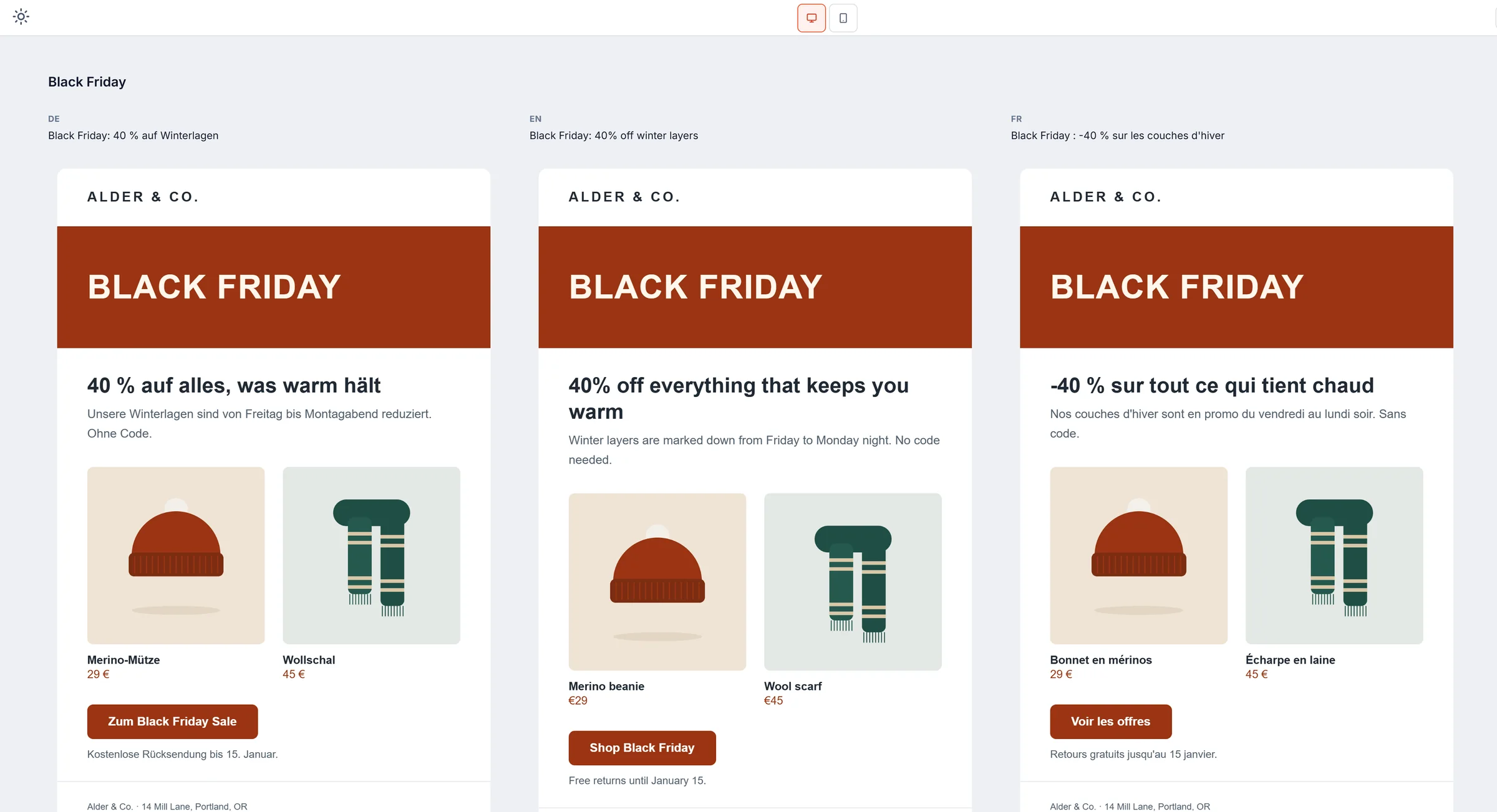 Shared preview page showing the Black Friday email in German, English and French next to each other, each with its subject line.